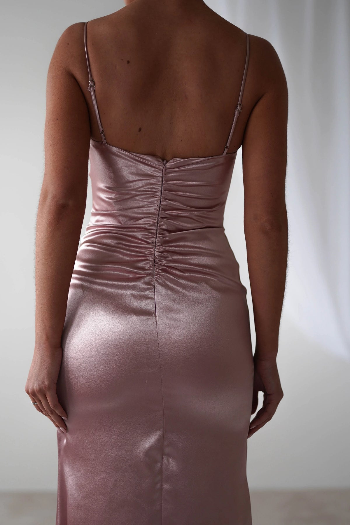Dress Rose Satin Sleeveless Corset Bodice Gown Spaghetti Straps Elegant Mermaid Prom Dress