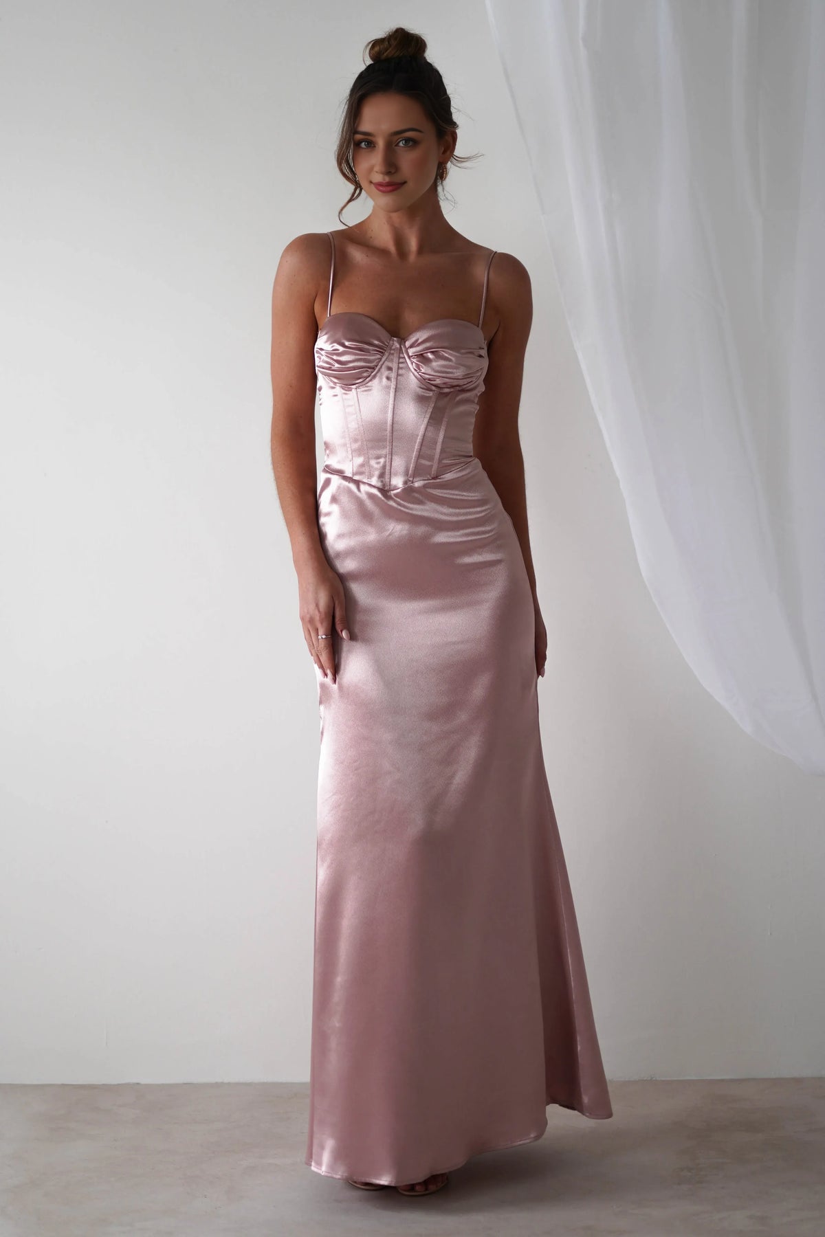 Dress Rose Satin Sleeveless Corset Bodice Gown Spaghetti Straps Elegant Mermaid Prom Dress