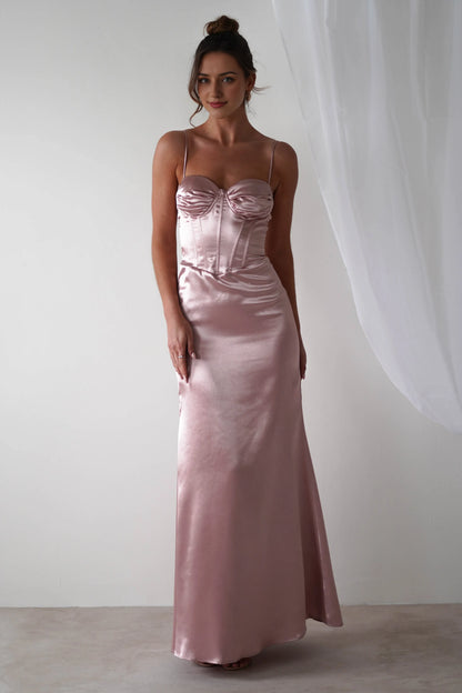 Dress Rose Satin Sleeveless Corset Bodice Gown Spaghetti Straps Elegant Mermaid Prom Dress