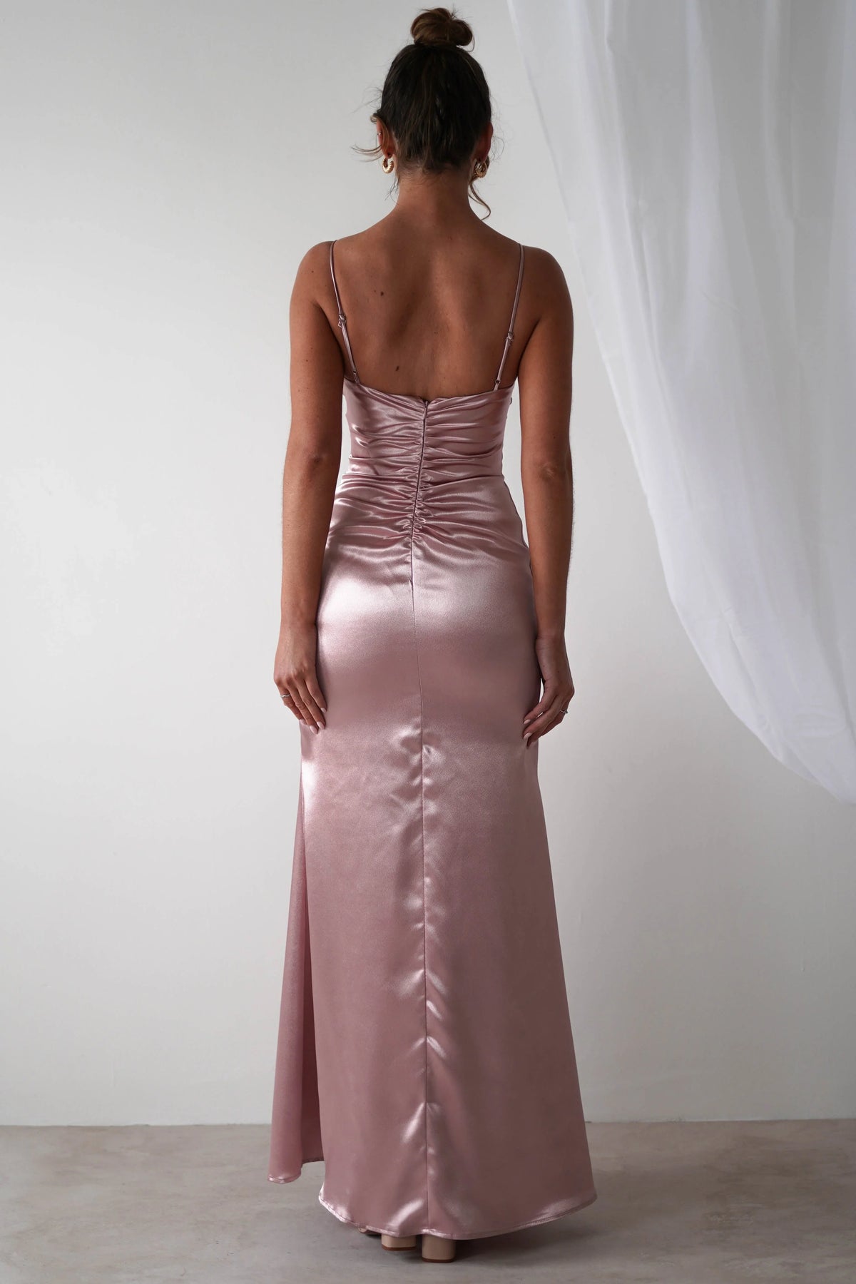 Dress Rose Satin Sleeveless Corset Bodice Gown Spaghetti Straps Elegant Mermaid Prom Dress