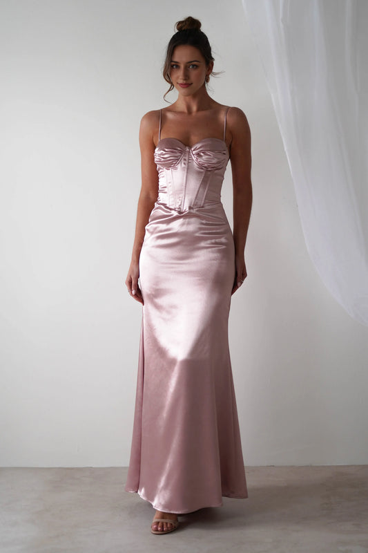 Dress Rose Satin Sleeveless Corset Bodice Gown Spaghetti Straps Elegant Mermaid Prom Dress