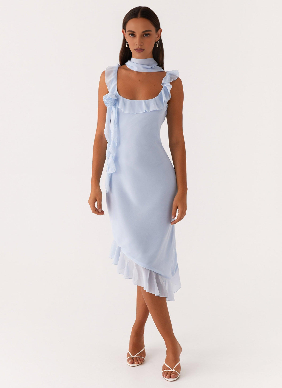 Dress Round Neck Tea-Length Dress Sleeveless Blue Chiffon Backless Asymmetrical Hem Prom Dress With Flowers Embellishment