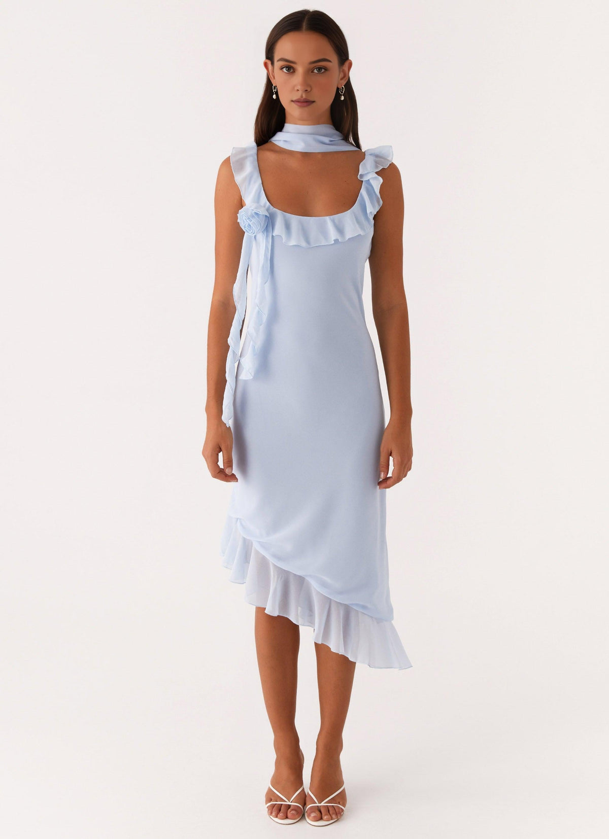 Dress Round Neck Tea-Length Dress Sleeveless Blue Chiffon Backless Asymmetrical Hem Prom Dress With Flowers Embellishment