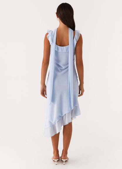 Dress Round Neck Tea-Length Dress Sleeveless Blue Chiffon Backless Asymmetrical Hem Prom Dress With Flowers Embellishment