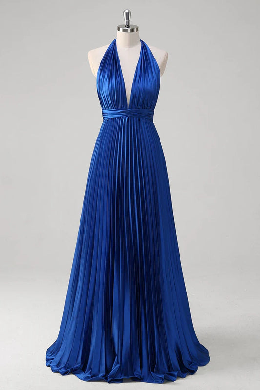 Dress Royal Blue A Line Halter Party Dress Maxi Dress Sleeveless With Pleated Prom Dress