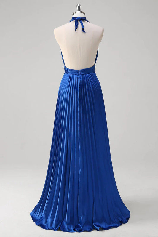 Dress Royal Blue A Line Halter Party Dress Maxi Dress Sleeveless With Pleated Prom Dress