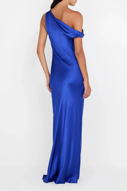 Dress Royal Blue Asymmetrical Neck Sleeveless Floor Length Prom Dress With Slit