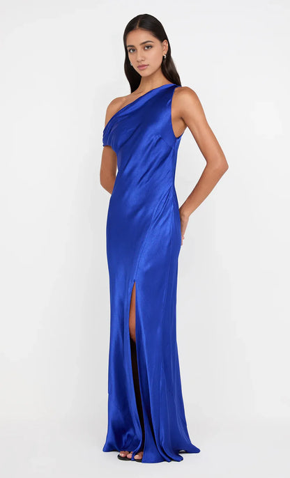 Dress Royal Blue Asymmetrical Neck Sleeveless Floor Length Prom Dress With Slit