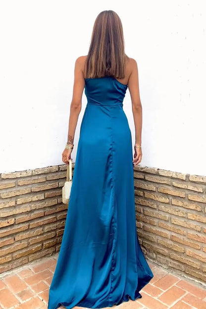 Dress Royal Blue Glamorous One Shoulder Sleeveless Hight Slit Sweep/Brush Train Prom Dress