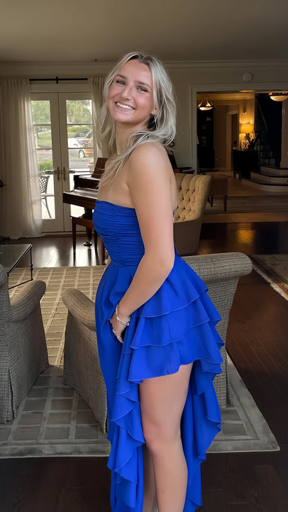 Dress Royal Blue Long Pleated Prom Dresses Strapless Ruffle Asymmetrical Hem Party Gown
