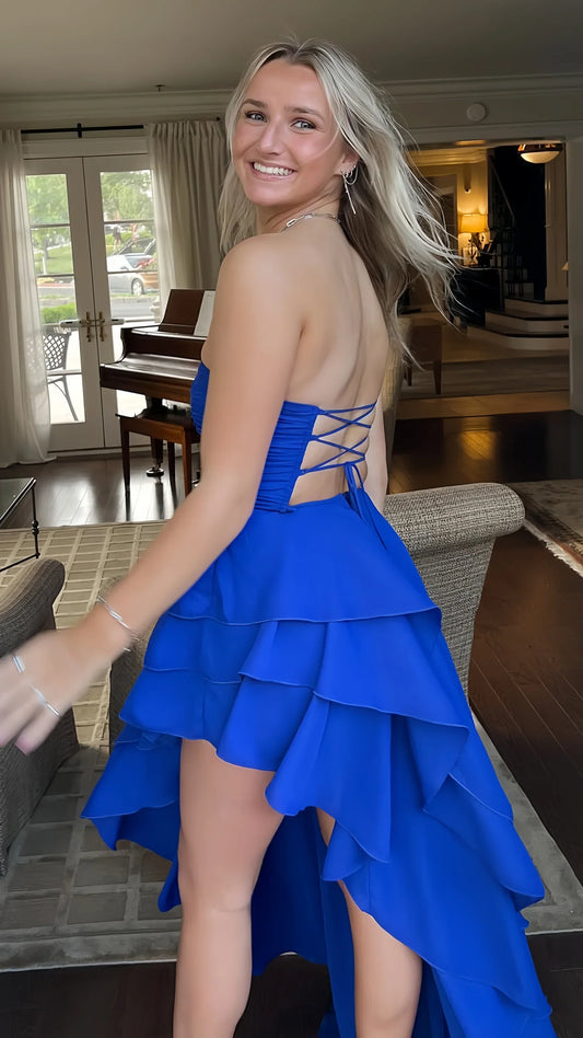 Dress Royal Blue Long Pleated Prom Dresses Strapless Ruffle Asymmetrical Hem Party Gown