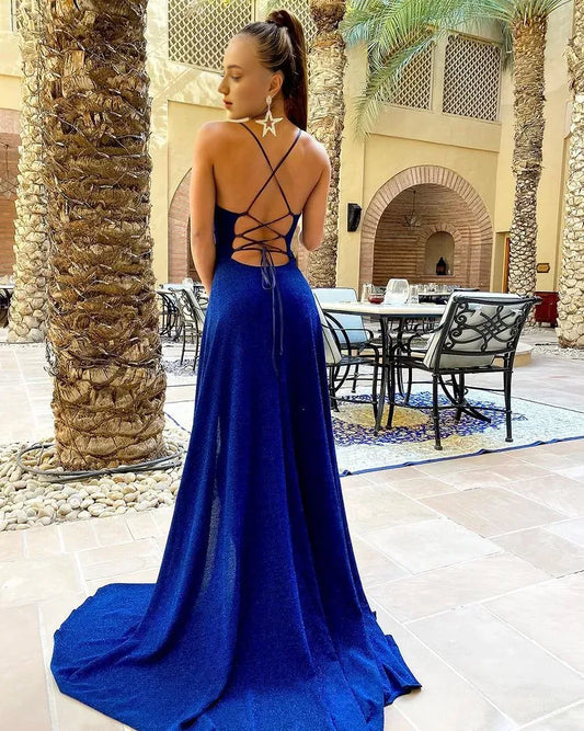 Dress Royal Blue Mermaid Spaghetti-Straps Cowl Neck Evening Dress A-line With Hight Slit Prom Dress