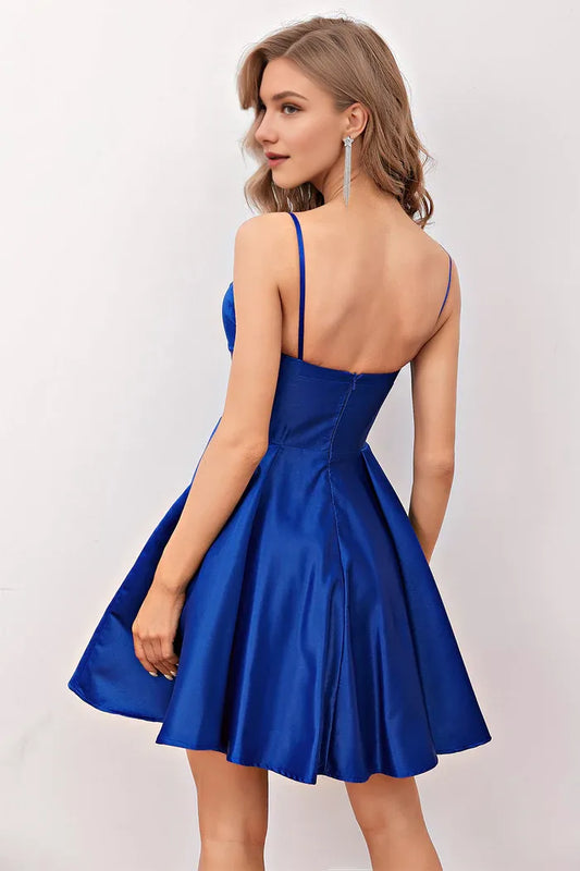 Dress Royal Blue Satin Short Homecoming Dress Spaghetti Straps A-Line V Neck Party Dress