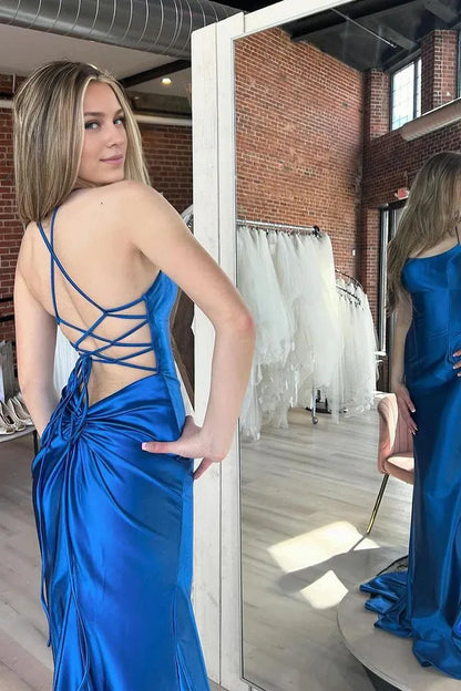 Dress Royal Blue Scoop Neck Backless Floor Length Satin Mermaid Long Prom Dress
