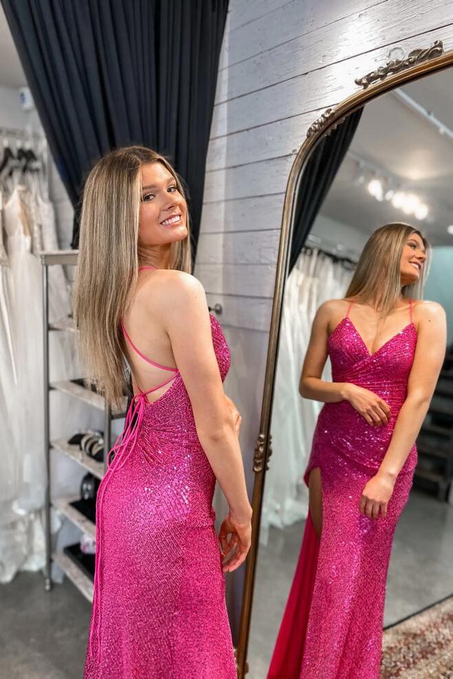 Dress Ruched Fuchsia Sequin Wrap Formal Dress Mermaid Lace-up Back Maxi Dress Prom Dress