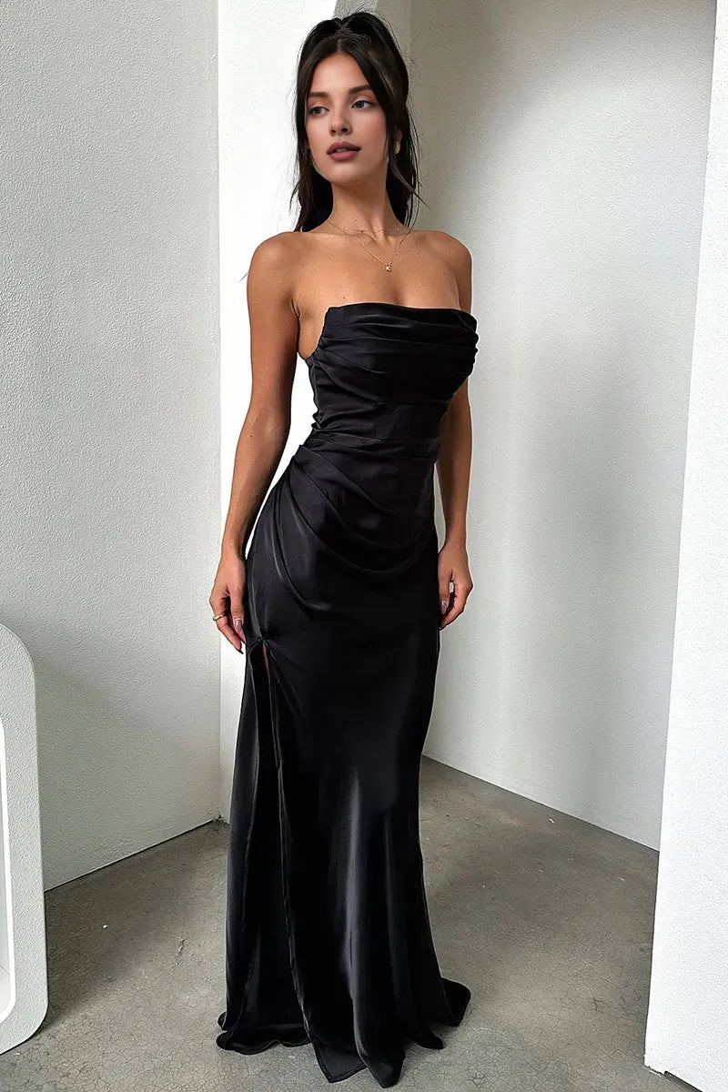 Dress Ruched Strapless Boat Neck Bodycon High Slit Gowns Sheath Maxi Prom Dresses