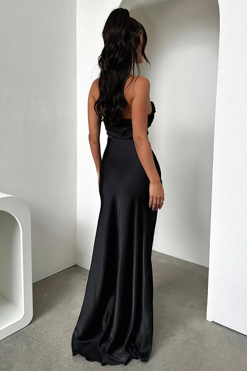 Dress Ruched Strapless Boat Neck Bodycon High Slit Gowns Sheath Maxi Prom Dresses