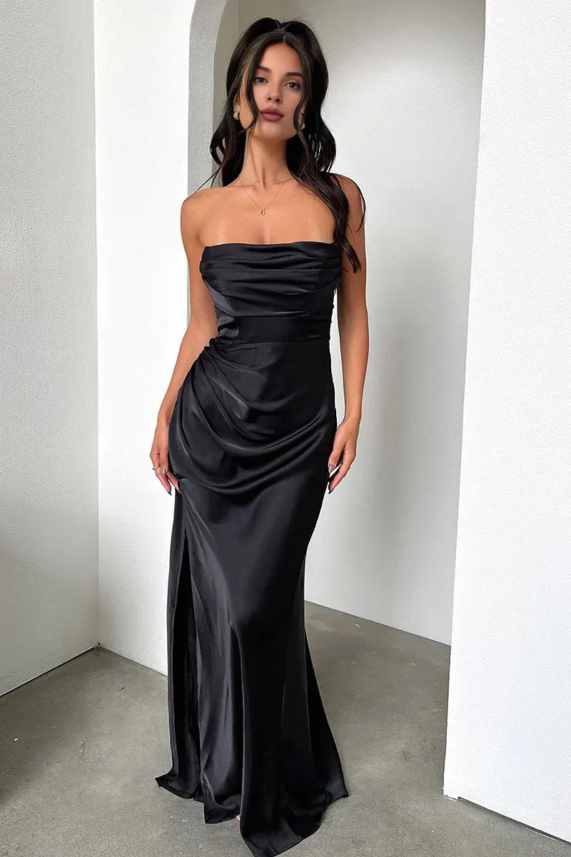 Dress Ruched Strapless Boat Neck Bodycon High Slit Gowns Sheath Maxi Prom Dresses