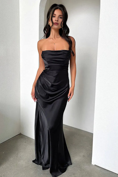 Dress Ruched Strapless Boat Neck Bodycon High Slit Gowns Sheath Maxi Prom Dresses