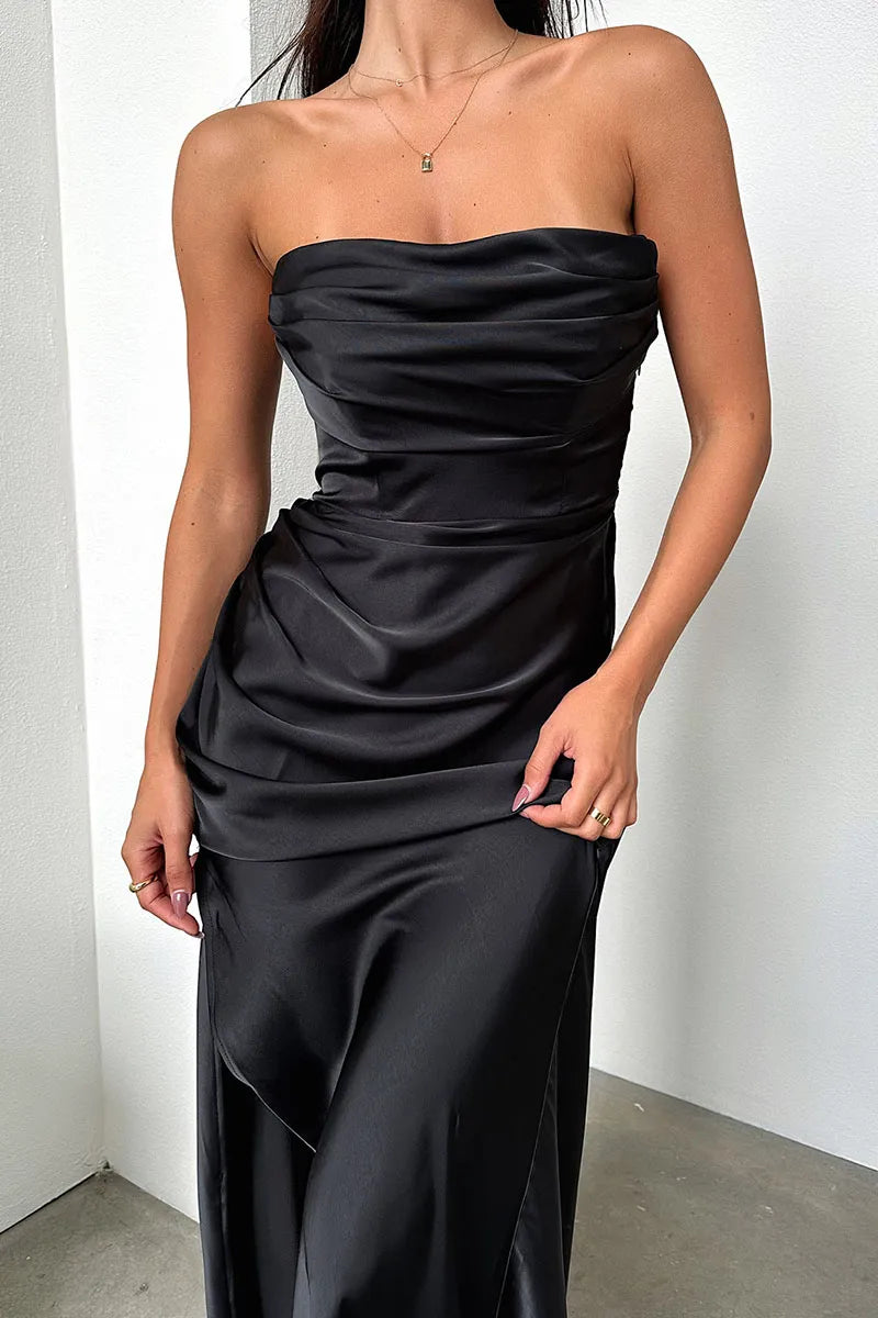 Dress Ruched Strapless Boat Neck Bodycon High Slit Gowns Sheath Maxi Prom Dresses