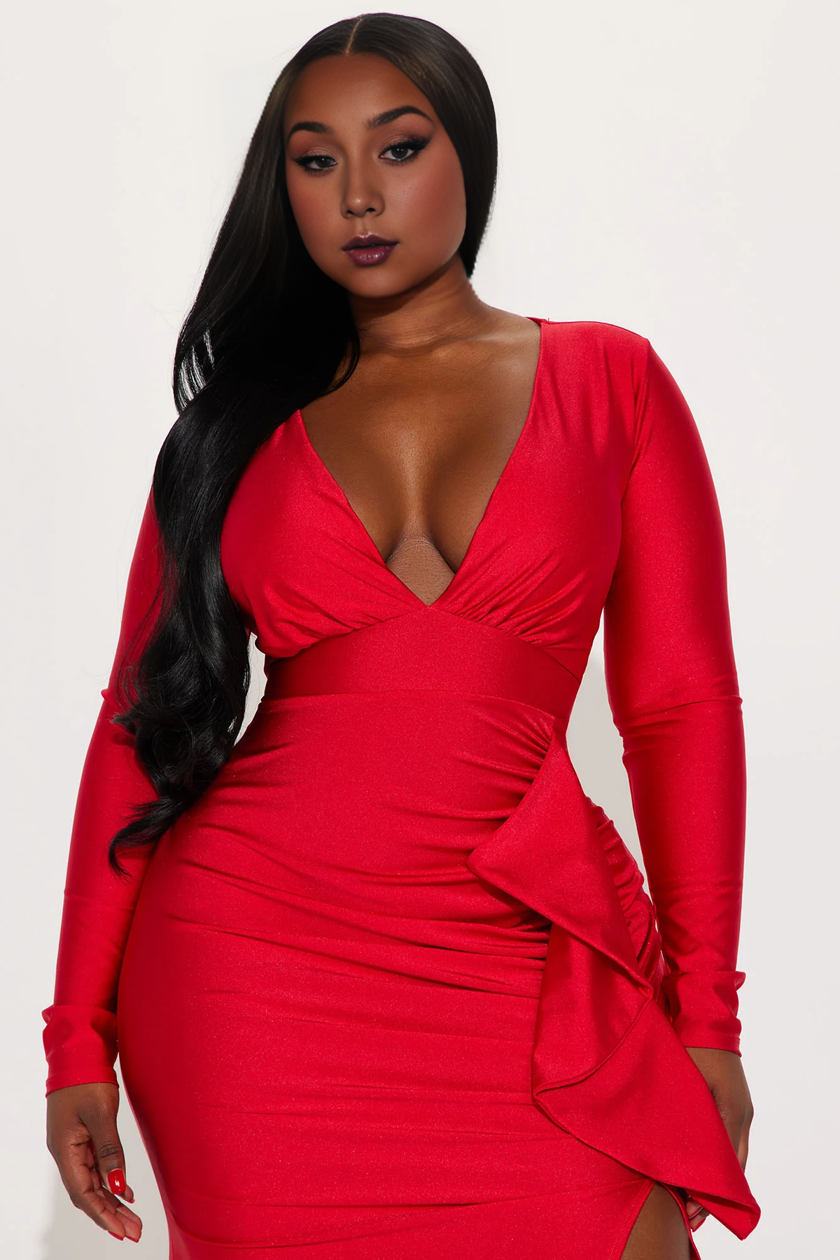 Dress Ruffle Maxi Dress Red Deep V Neck Long Sleeves Corset Mermaid Party Dress