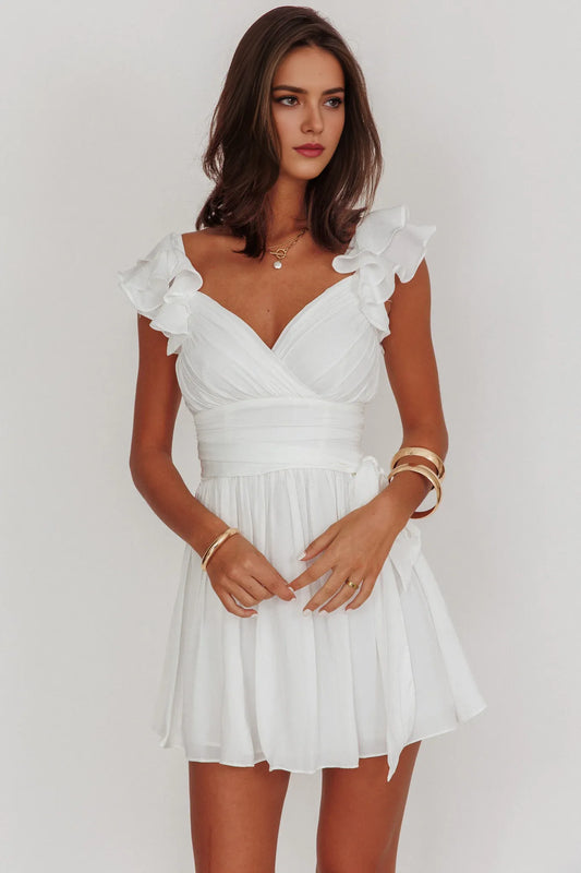 Dress Ruffle Shoulder Ruched Dress White Lace Up A-line Homecoming Dress