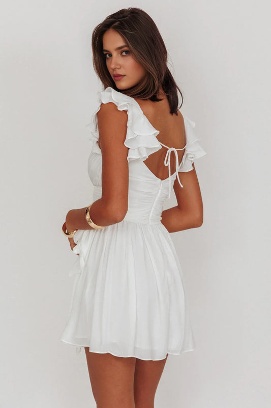 Dress Ruffle Shoulder Ruched Dress White Lace Up A-line Homecoming Dress