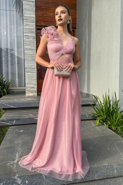 Dress Ruffled Cutout A-Line Shimmery Gowns Slip Maxi Dresses Pink Prom Dress