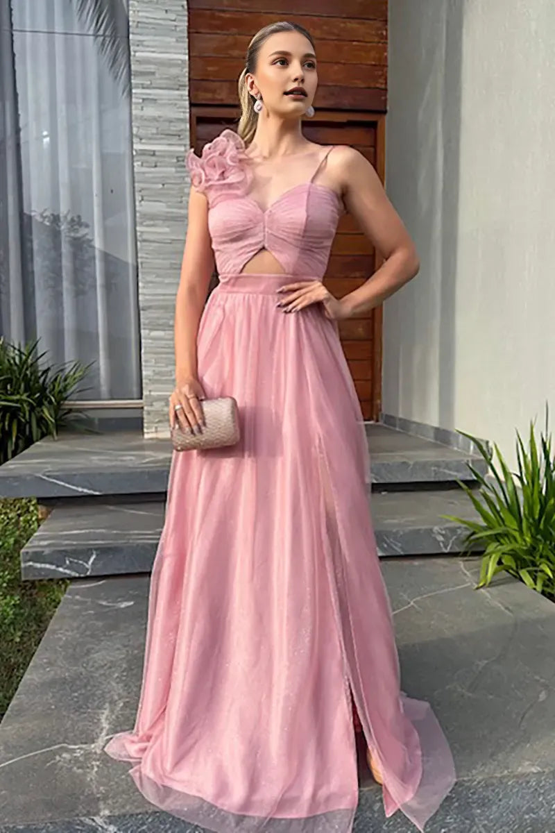 Dress Ruffled Cutout A-Line Shimmery Gowns Slip Maxi Dresses Pink Prom Dress