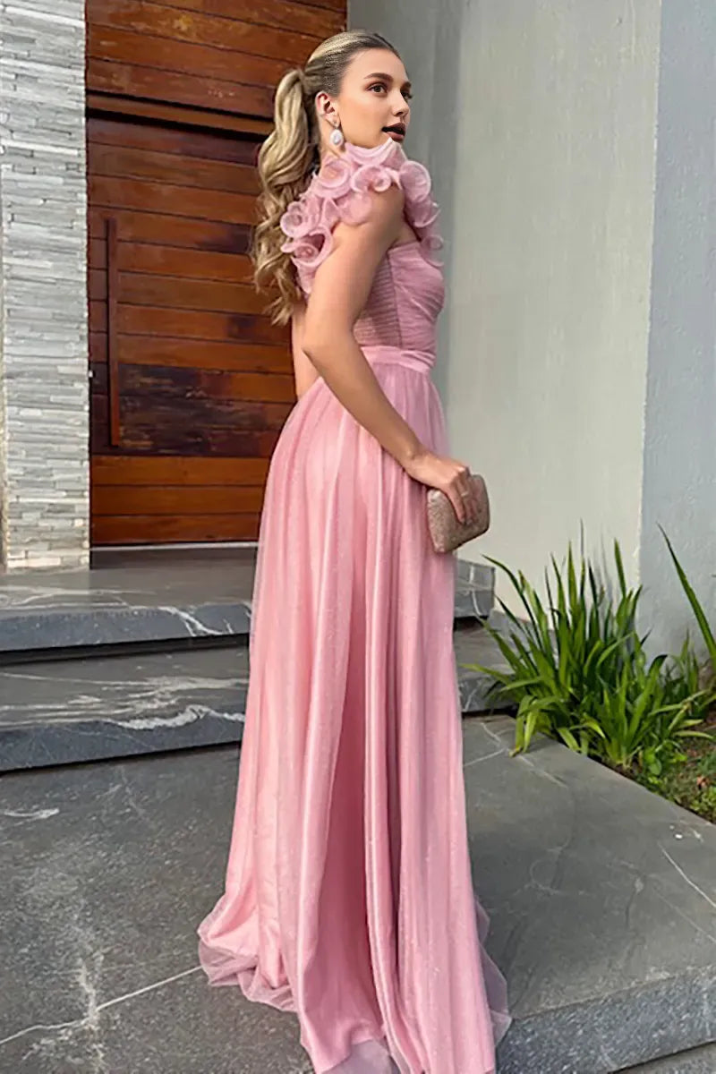 Dress Ruffled Cutout A-Line Shimmery Gowns Slip Maxi Dresses Pink Prom Dress