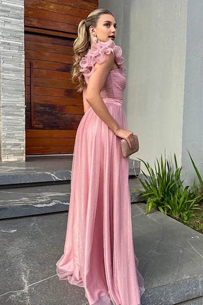 Dress Ruffled Cutout A-Line Shimmery Gowns Slip Maxi Dresses Pink Prom Dress
