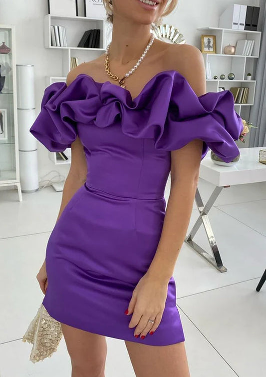 Dress Ruffled Off-the-Shoulder Satin Homecoming Dress Sheath Column Sleeveless Party Dress