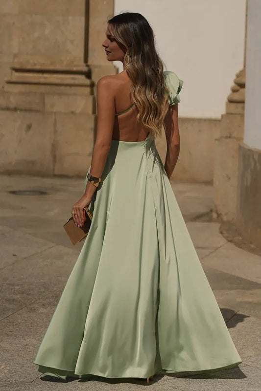 Dress Ruffled One Shoulder High Slit Backless Gowns Maxi Prom Dresses Green Sleeveless