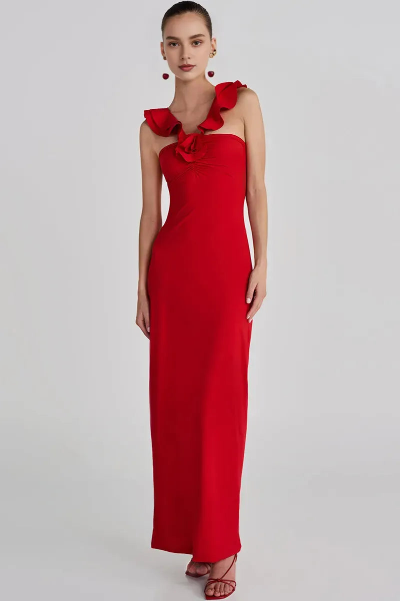 Dress Ruffled Sleeveless V Neck 3D Flower Decor Slim Fit Maxi Prom Dresses Red