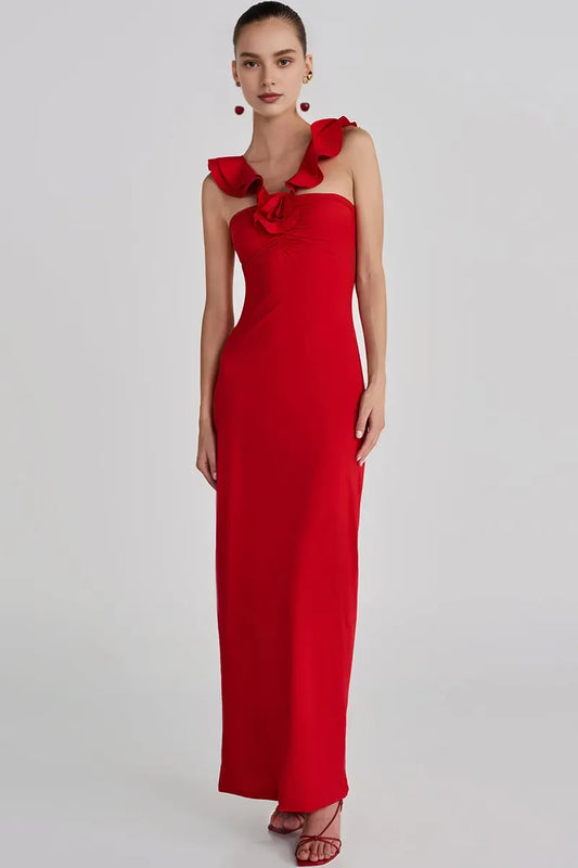 Dress Ruffled Sleeveless V Neck 3D Flower Decor Slim Fit Maxi Prom Dresses Red