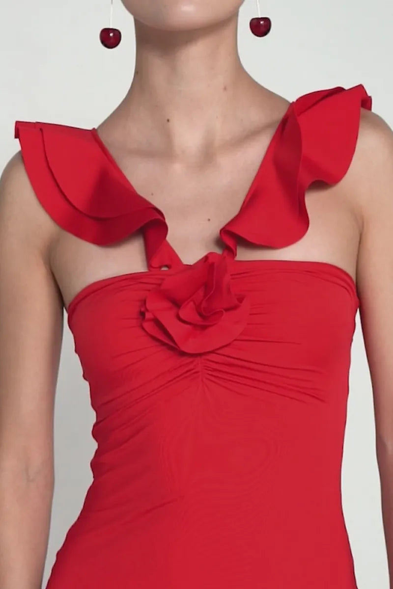 Dress Ruffled Sleeveless V Neck 3D Flower Decor Slim Fit Maxi Prom Dresses Red
