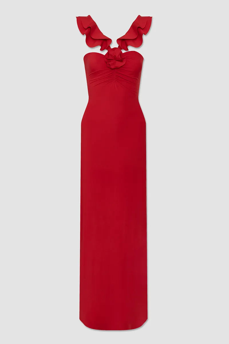 Dress Ruffled Sleeveless V Neck 3D Flower Decor Slim Fit Maxi Prom Dresses Red