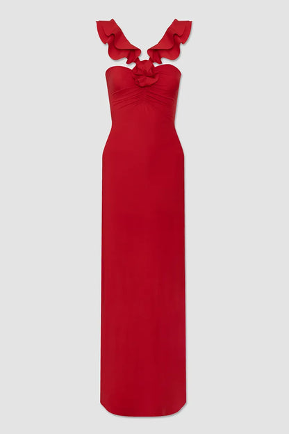 Dress Ruffled Sleeveless V Neck 3D Flower Decor Slim Fit Maxi Prom Dresses Red