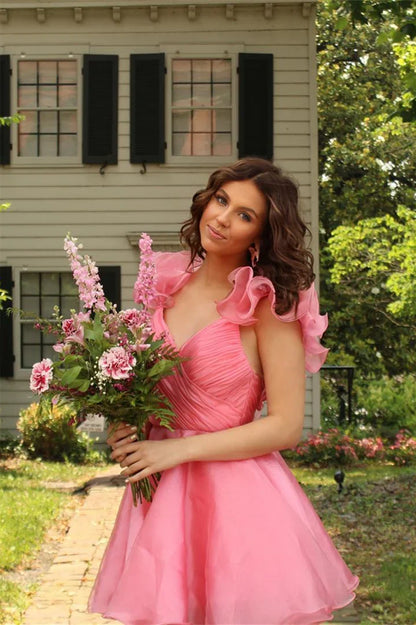 Dress Ruffles Straps Pink Pleated A-line Short Party Dress Sleeveless Homecoming Dress