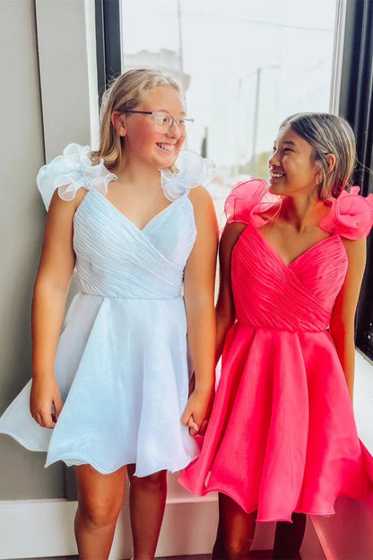 Dress Ruffles Straps Pink Pleated A-line Short Party Dress Sleeveless Homecoming Dress