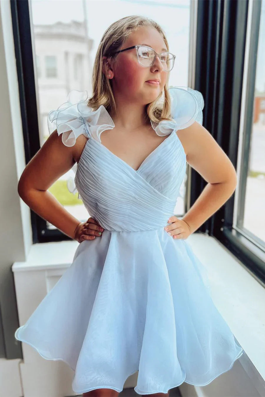 Dress Ruffles Straps Pink Pleated A-line Short Party Dress Sleeveless Homecoming Dress