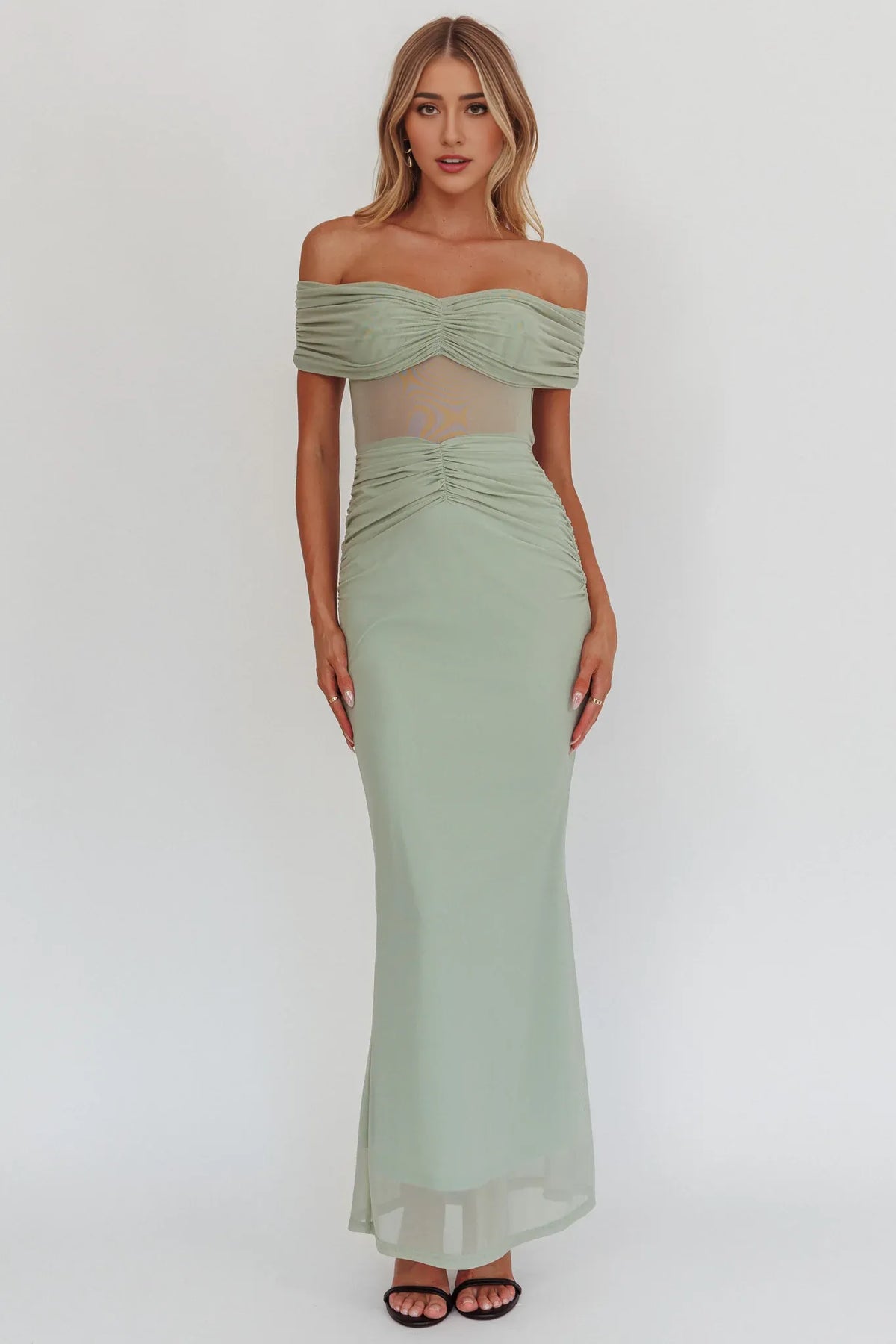 Dress Sage Green Off Shoulder Maxi Dress with Ruched Bodice and Sheer Panel Prom Dress
