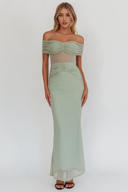 Dress Sage Green Off Shoulder Maxi Dress with Ruched Bodice and Sheer Panel Prom Dress