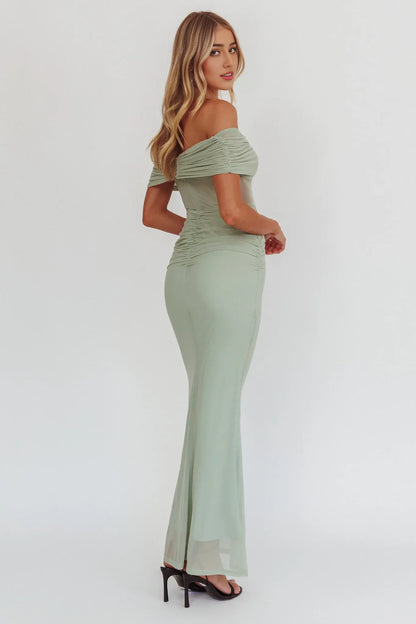 Dress Sage Green Off Shoulder Maxi Dress with Ruched Bodice and Sheer Panel Prom Dress