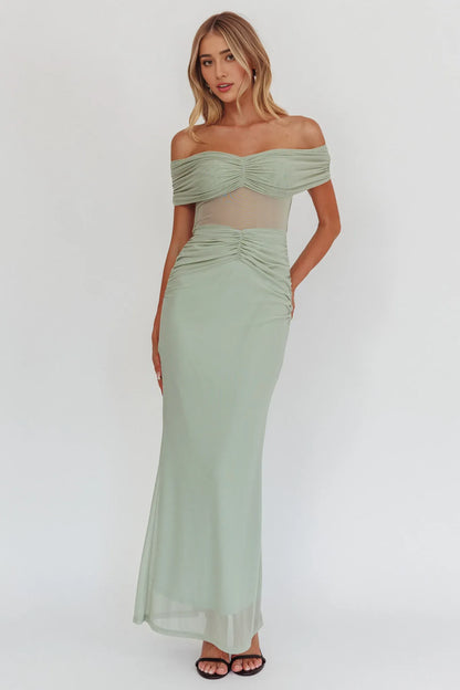 Dress Sage Green Off Shoulder Maxi Dress with Ruched Bodice and Sheer Panel Prom Dress