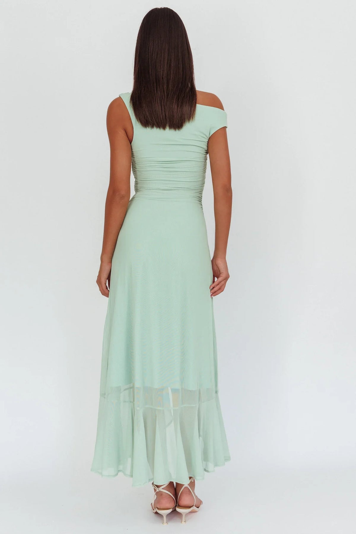 Dress Light Green Off Shoulder Maxi Dress with Ruched Bodice and Asymmetric Sheer Slit Prom Dress