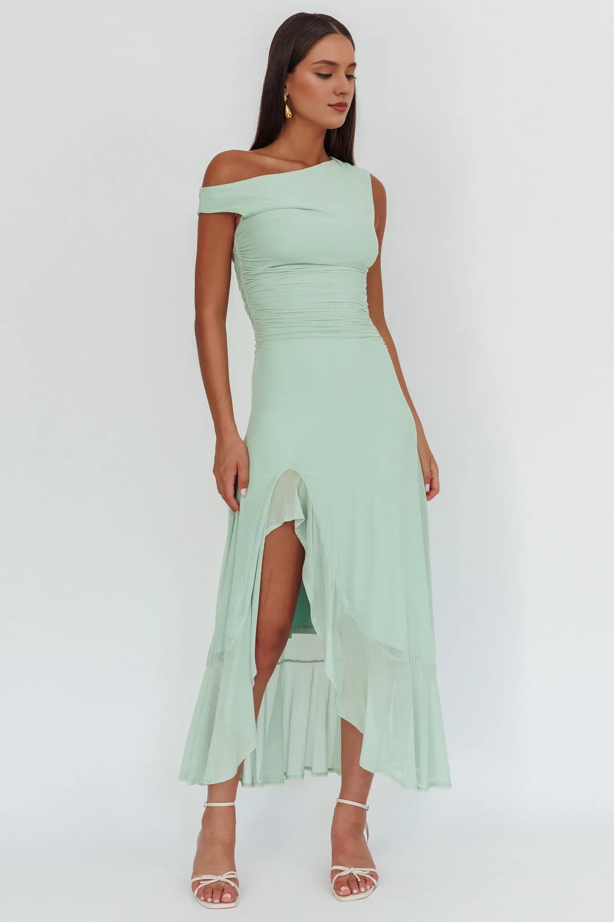 Dress Light Green Off Shoulder Maxi Dress with Ruched Bodice and Asymmetric Sheer Slit Prom Dress
