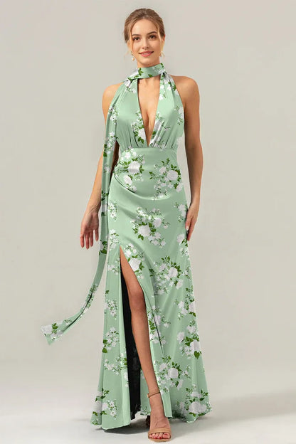 Dress Sage White Flower Sheath Halter Maxi Dress Prom Dress Slit Floor Length Evening Dress