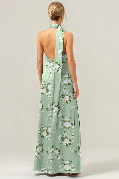 Dress Sage White Flower Sheath Halter Maxi Dress Prom Dress Slit Floor Length Evening Dress