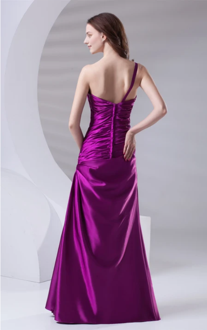 Dress Satin A-Line Floor-Length Ruched Dress With Single-Strap Design Formal Wear Dresses